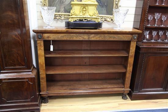 A Regency style flame mahogany open bookcase, W.4ft 5in. D.1ft 3in. H.3ft 5in.